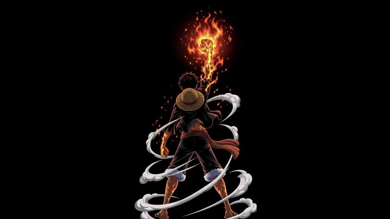 Luffy seen from behind, raising a flaming fist