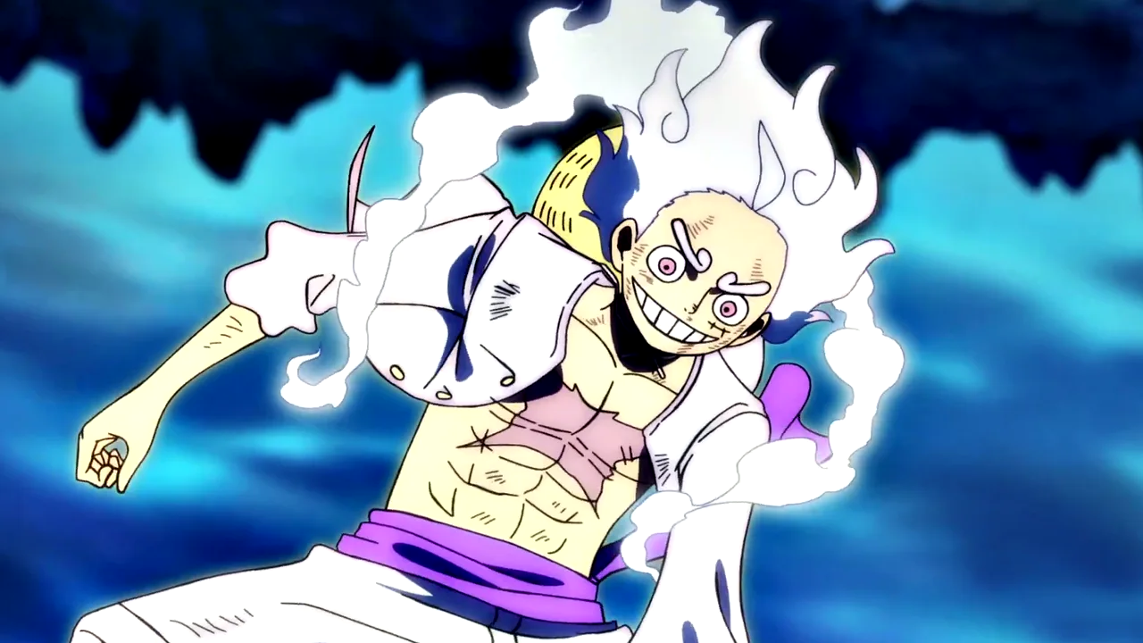Gear 5 Luffy grinning mid-stride